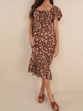 Lulu's Brown Floral Square-Neck Puff Sleeve Midi Dress